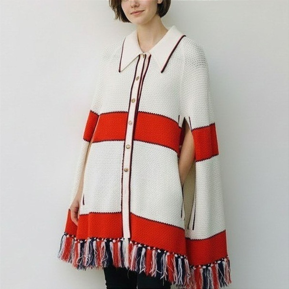 VTG 70s Fringe Poncho Cardigan Red White Blue Striped Boho Cape Korea One Size